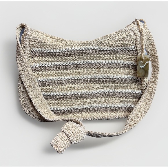 Vintage Liz Claiborne Woven Boho Purse Bag Small Striped Macrame Minimalist - Picture 1 of 16